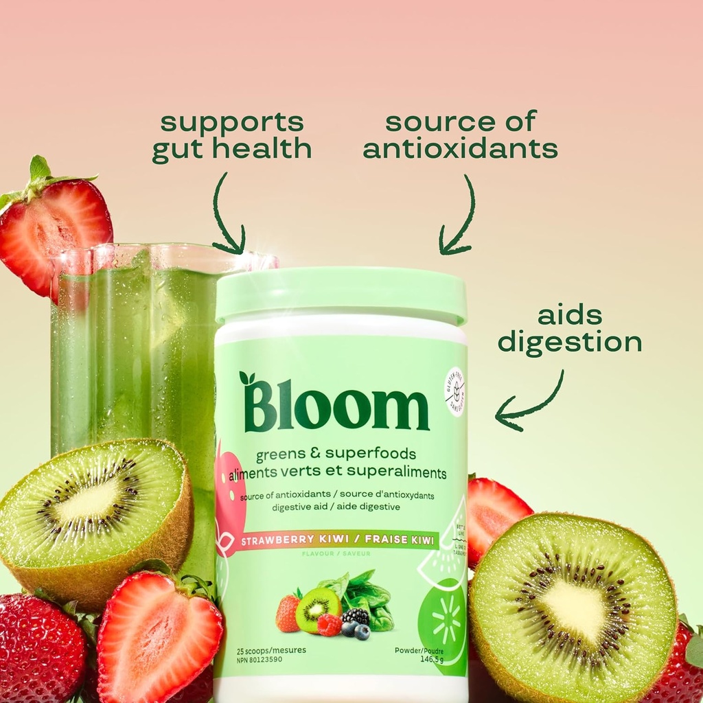 Bloom Nutrition Superfood Greens Powder, Digestive Enzymes with Probiotics and Prebiotics, Gut Health, Bloating Relief for Women, Chlorella, Juice Mix with Beet Root Powder, 25 SVG, Strawberry Kiwi 4