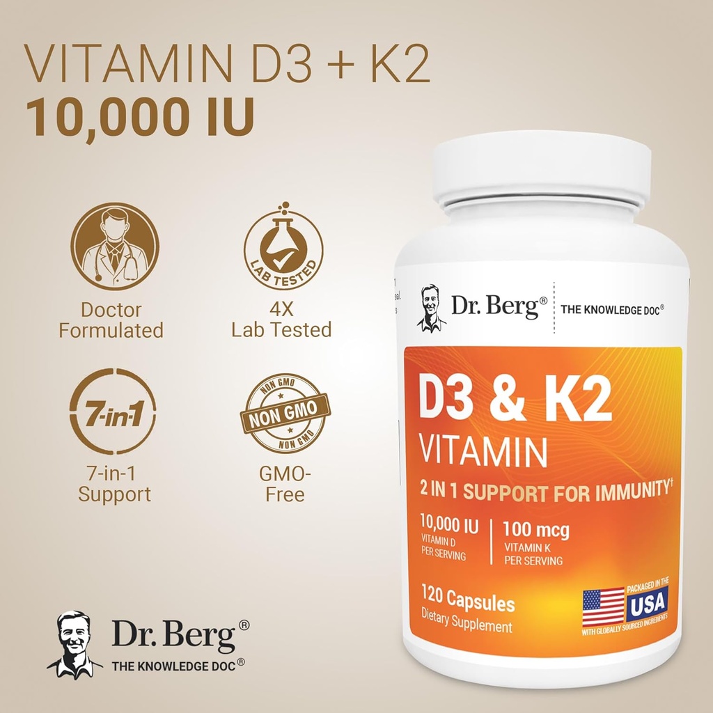Dr. Berg Maximum Strength 7-in-1 Vitamin D3 K2 10,000 IU | Naturally Derived D3 | 4X Lab-Tested & Verified | High Absorption Formula | K2 D3 Vitamin Supplement - 120 Capsules 3