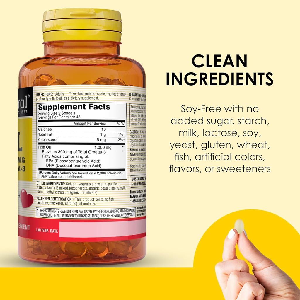 Mason Natural Omega,3 Fish Oil, 45,Day Supply, 1000mg with EPA and DHA for Joint Support, 90 Softgels (Pack of 3) 6