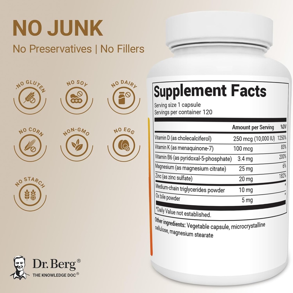 Dr. Berg Maximum Strength 7-in-1 Vitamin D3 K2 10,000 IU | Naturally Derived D3 | 4X Lab-Tested & Verified | High Absorption Formula | K2 D3 Vitamin Supplement - 120 Capsules 4