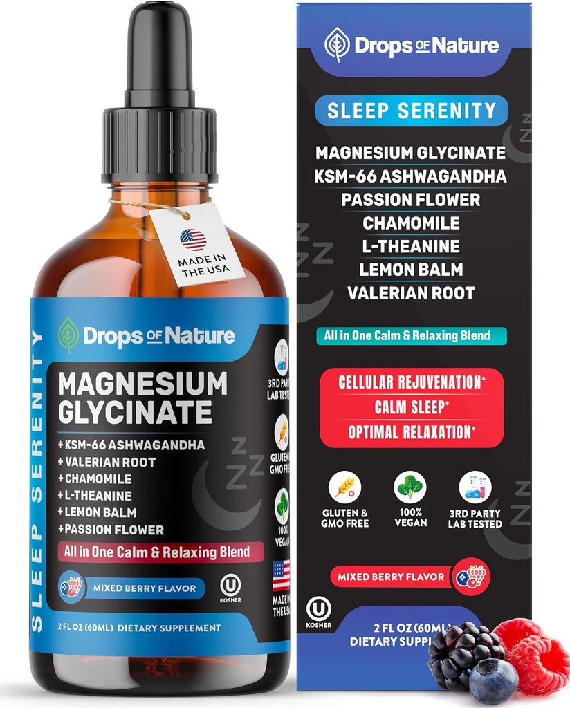 Magnesium Glycinate & Ashwagandha Liquid Drops with Valerian Root, Chamomile, Passion Flower, Lemon Balm & L-Theanine - Vegan Fast Absorption - Supplement for Wellness & Relaxation (Mixed Berry, 60mL) 2