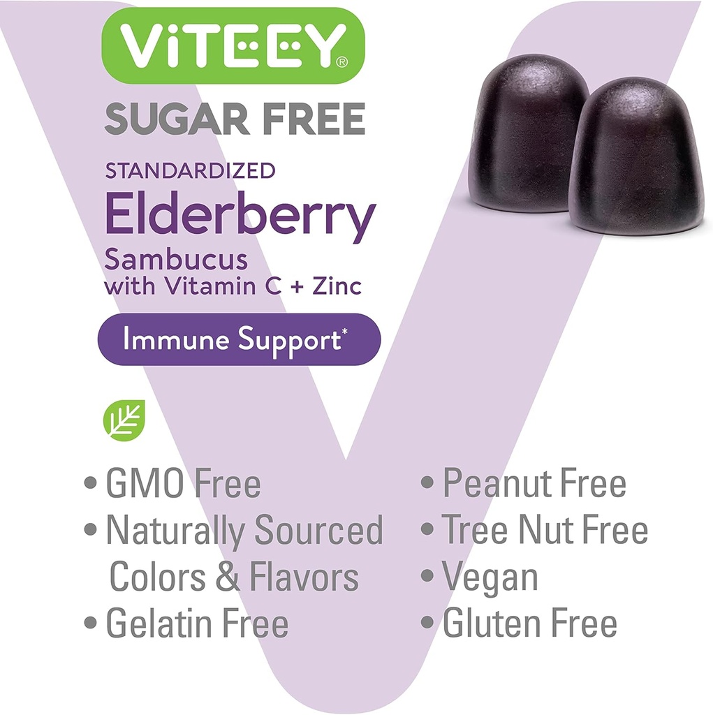 VITEEY Sambucus Elderberry Gummies for Adults & Teens + Zinc & Vitamin C - Sugar Free - Immune Support & Booster Herbal Supplement - Vegan, Gluten Free, Gelatin Free, GMO Free, Chewable Berry Flavored 6