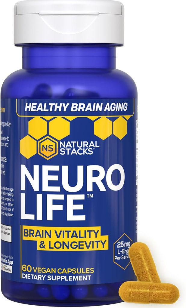 NATURAL STACKS Lions Mane+ Mushroom + NeuroLife Supplement Bundle - Supports Memory, Vitality & Longevity - 120 Total Capsules 4