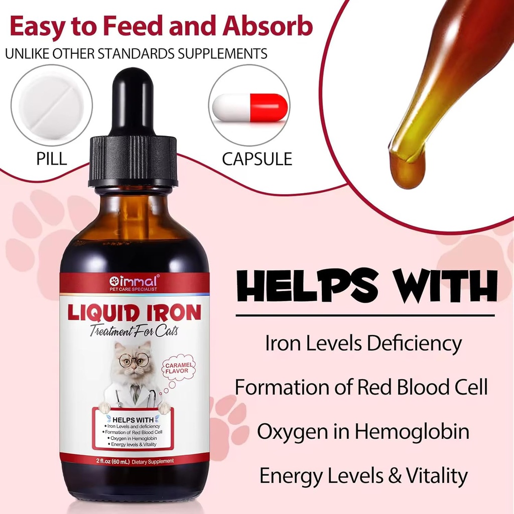 Liquid Iron Supplements for Cats and Kittens - with Folate and B12 – Supplements Anemia, Promotes Blood Health, Oxygen Supply and Blood Cell Formation – Increase Low Energy Levels – Lethargy - 2 oz 6
