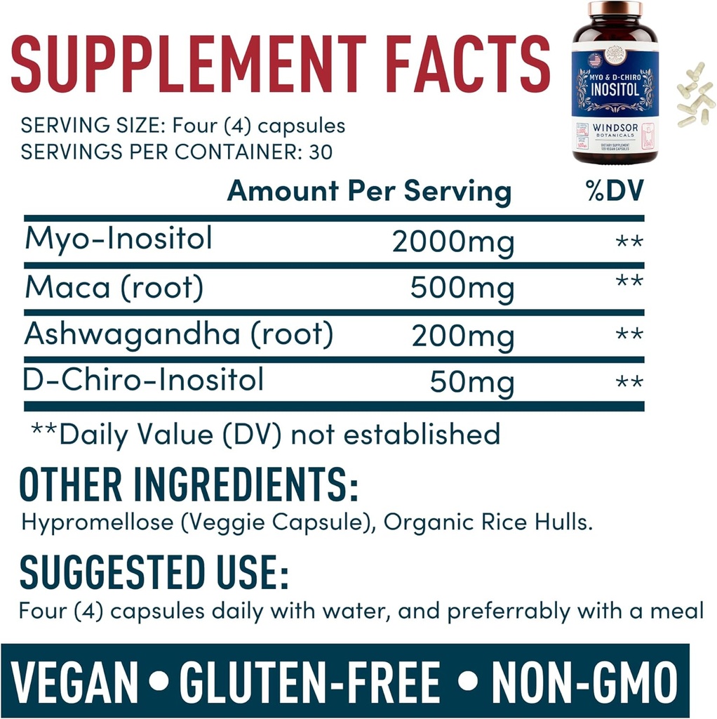 Myo and D-Chiro Inositol Supplement 40:1 Ratio - 2,000 mg Myo-Inositol plus Maca Root & Calming Ashwagandha - Healthy Ovarian Support Vitamins and Fertility Supplements for Women - 120 Vegan Capsules 6