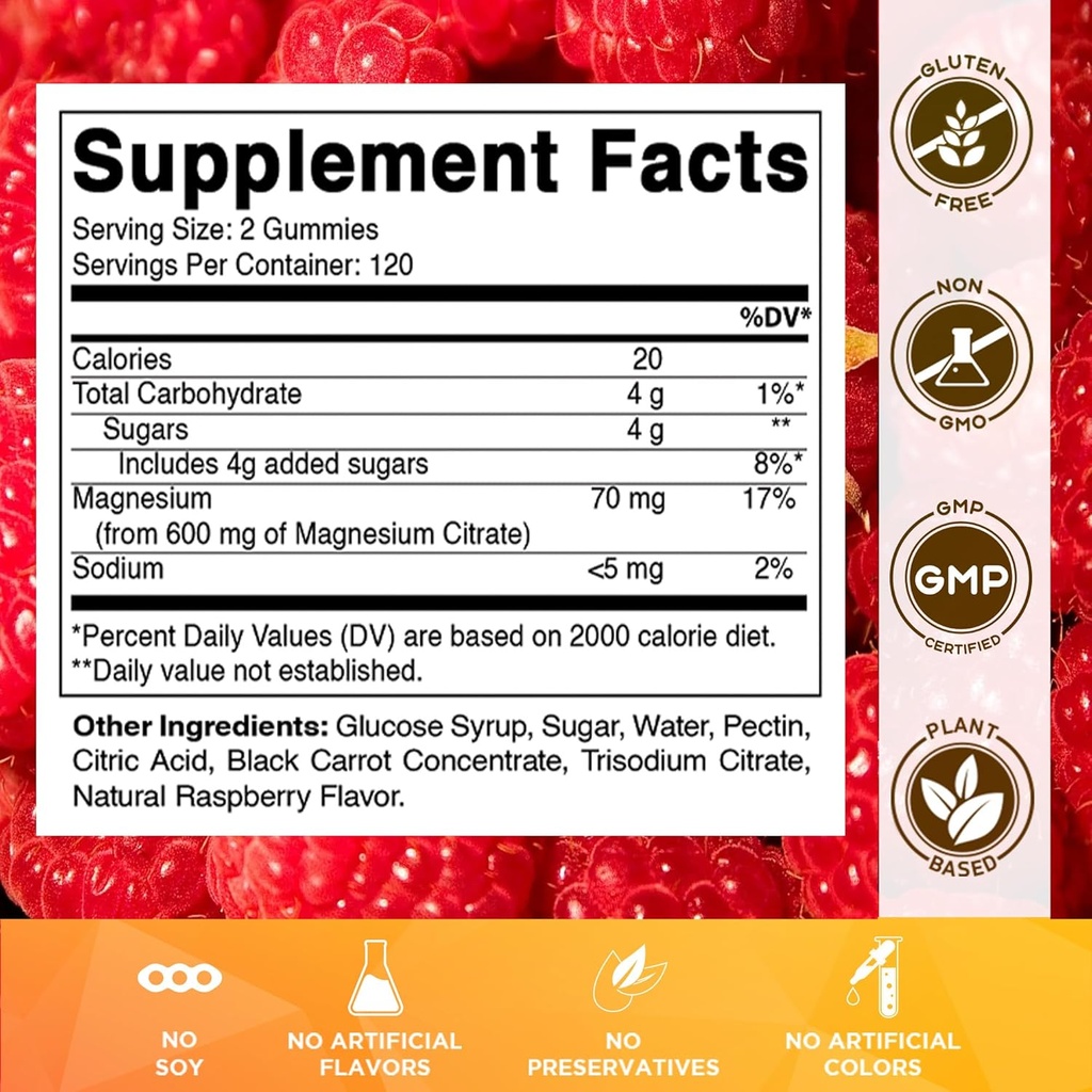 Vitamatic Magnesium Citrate Gummies 600mg per Serving - 240 Vegan Gummies - Natural Raspberry Flavor - High Absorption Magnesium Supplement - Supports Nerve, Bone and Muscle Health 3