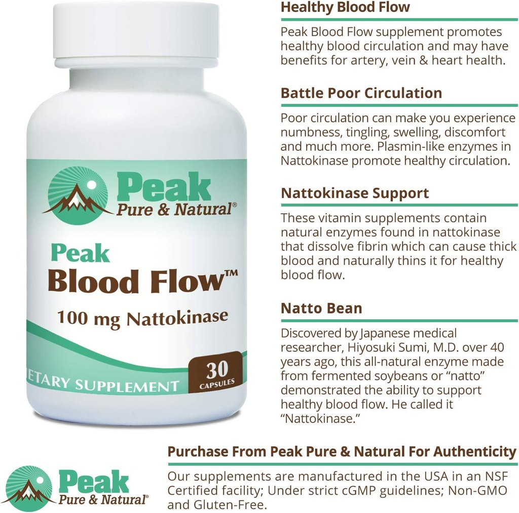 Peak Pure & Natural Peak Blood Flow - Nattokinase Supplement - Healthy Blood Circulation Supplements for Adults | 100mg - 30 Capsules 4