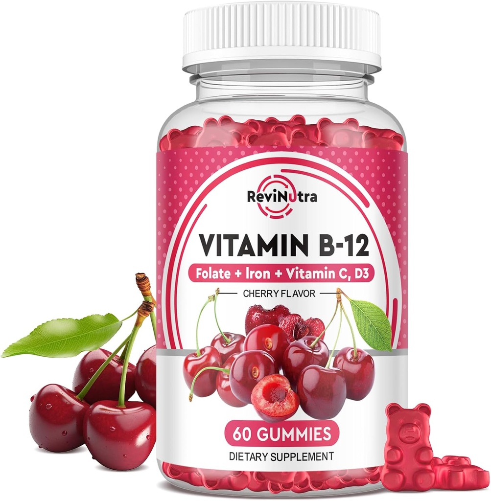 Vitamin B12 Gummies - 5000 mcg Methylcobalamin with Iron, Vitamin C, D3 & Folate, Energy Support and Metabolism, Immune, B-12 Complex Chewable Supplement for Men & Women, Vegan- 60 Count 2