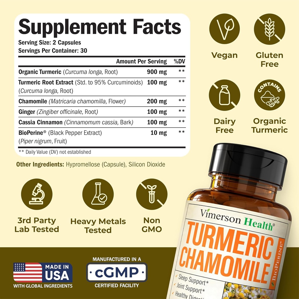 Turmeric Supplement & Chamomile Capsules for Sleep - Organic Turmeric Sleep Supplement with Chamomile Flowers Extract (Manzanilla) - Relaxation & Stress Support - Joint & Digestive Health. 60 Capsules 4