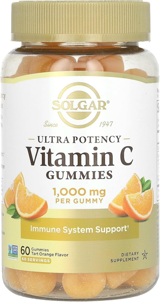 Solgar Vitamin C Gummies for Adults 1,000mg Ultra Potency Vitamin C Immune System Support for Women & Men - Tasty Tart Orange Flavor, Vegan & Gluten-Free Gummy, 2 Month Supply, 60 Servings, 2g Sugar 2