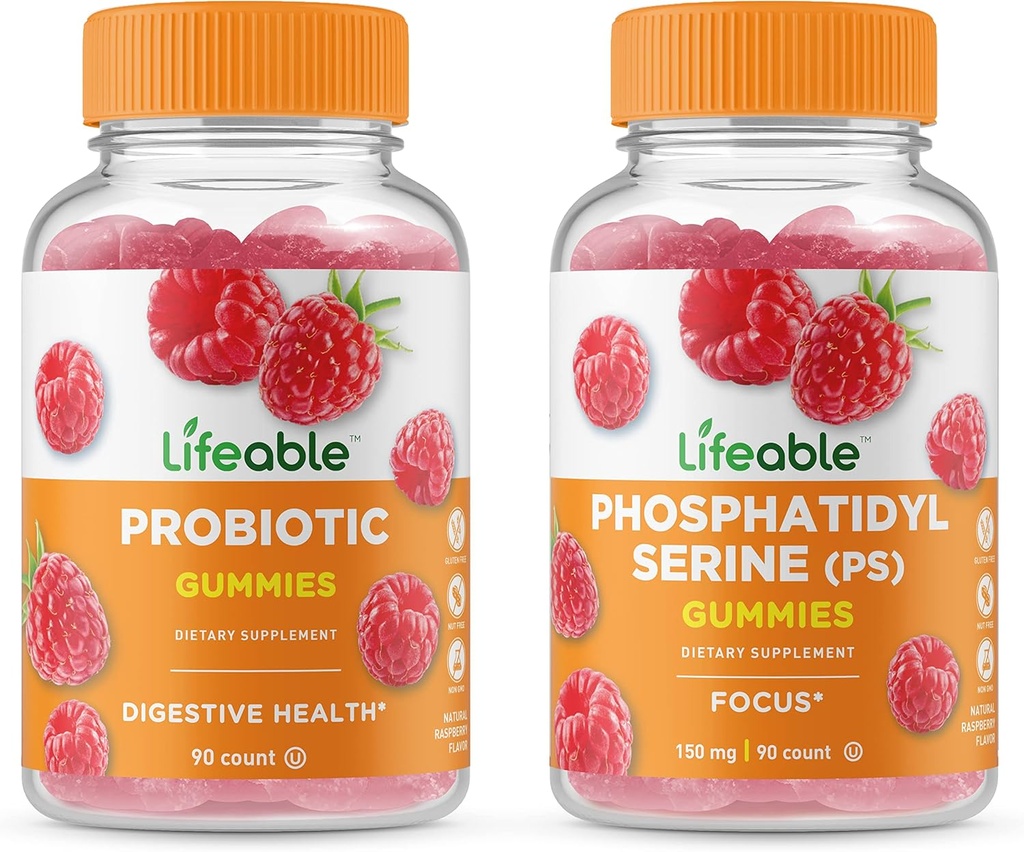 Lifeable Phosphatidylserine (PS) + Probiotic 2 Billion CFU, Gummies Bundle - Great Tasting, Vitamin Supplement, Gluten Free, GMO Free, Chewable Gummy 2