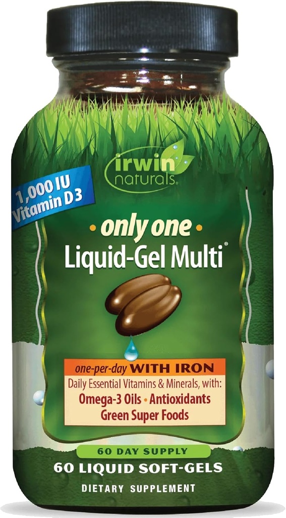 Irwin Naturals Only One Liquid-Gel Multi with Iron - 60 Liquid Softgels - Daily Essential Vitamins, Minerals, Antioxidants, Omega-3s & Green Super Foods 2
