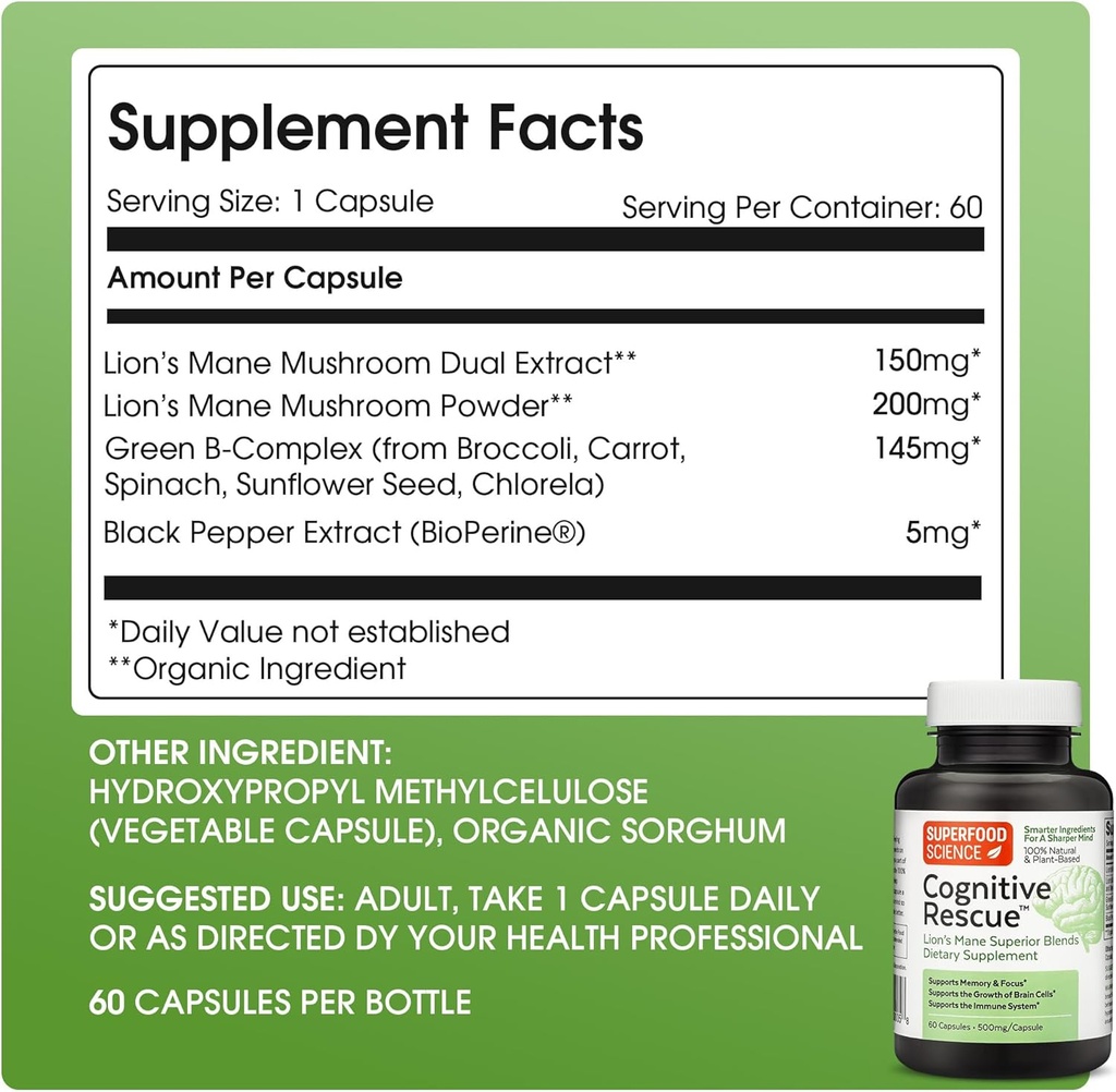 Cognitive Rescue, Lion's Mane Mushroom Capsules w/ Lion's Mane Dual Extract, Nootropics, Brain Supplement for Memory and Focus, Mushroom Immune Support w/ B Vitamins Complex, BioPerine, 60 capsules 3