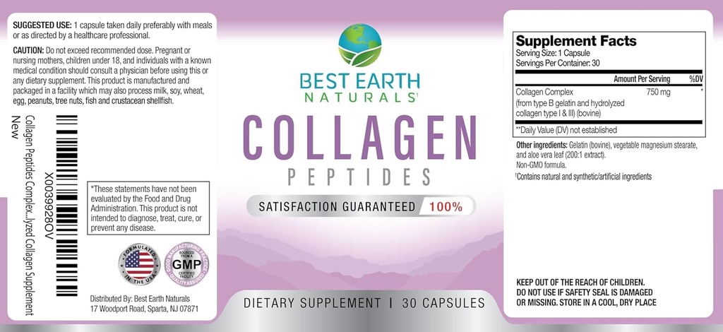 Best Earth Naturals Hydrolyzed Collagen Type I & III - Collagen Peptides Supplement for Women and Men to Support Hair, Skin, Nails, & Joints 30 Day Supply (30 Capsules) 4