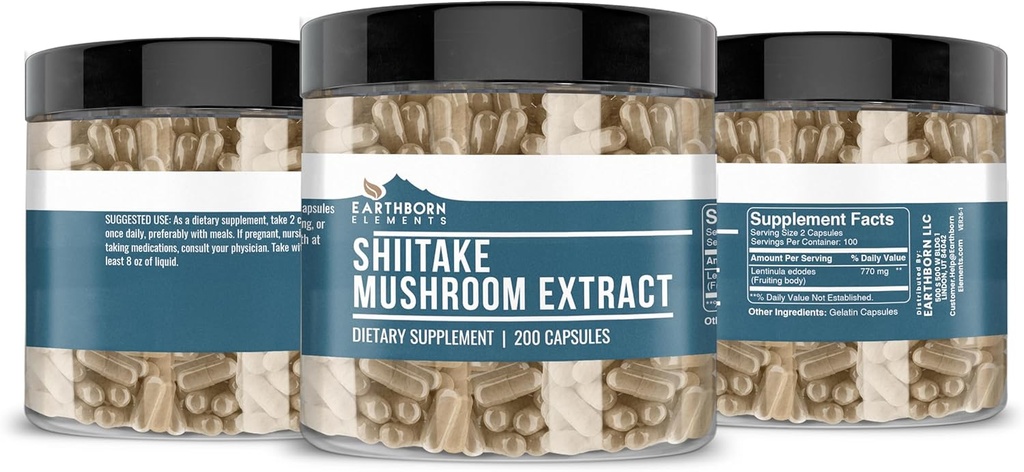 Earthborn Elements Shiitake Mushroom Extract 200 Capsules, Pure & Undiluted, No Additives 5