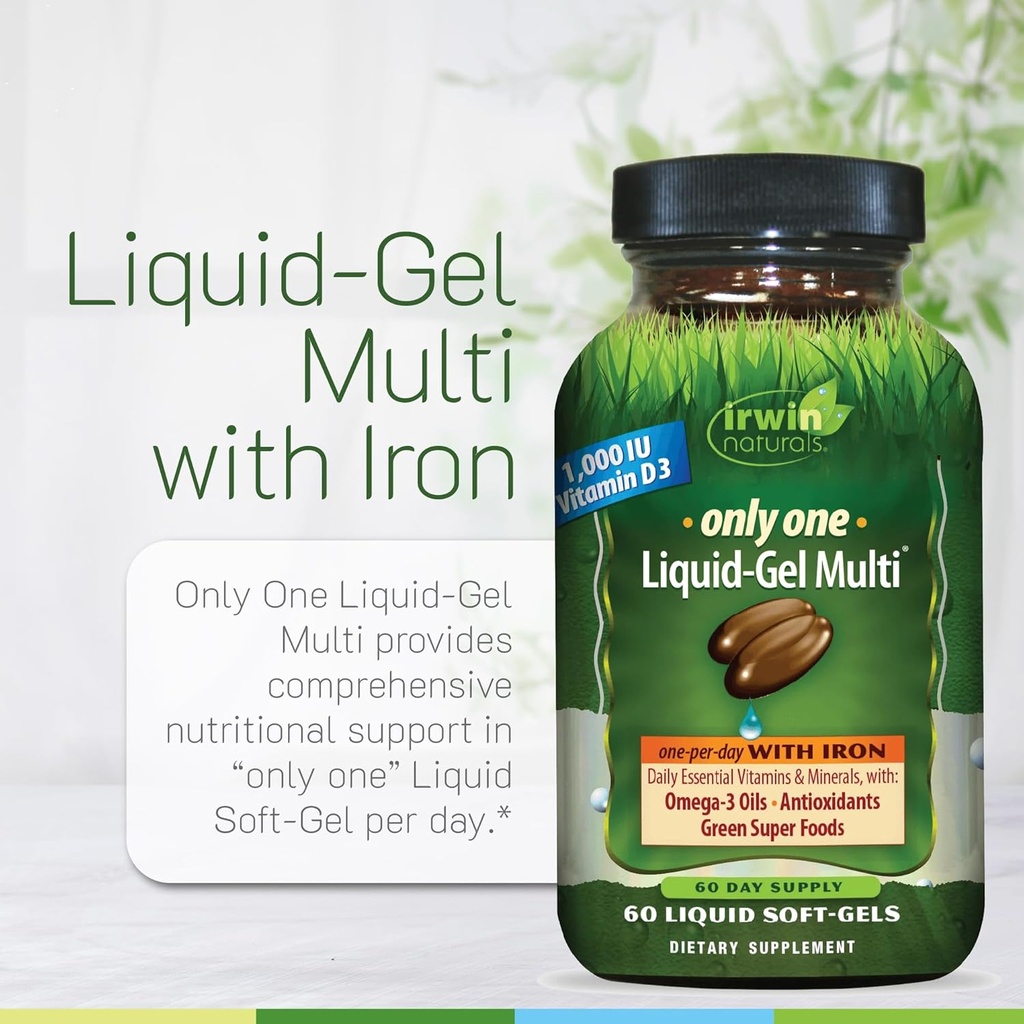 Irwin Naturals Only One Liquid-Gel Multi with Iron - 60 Liquid Softgels - Daily Essential Vitamins, Minerals, Antioxidants, Omega-3s & Green Super Foods 6