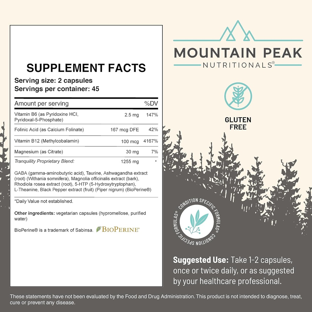 Mountain Peak Nutritionals Tranquility Formula - Supports Brain Health, Sleep & Stress Management - Vitamin B6, Vitamin B12 and Adaptogens - Hypoallergenic Dietary Supplement (90 Vegetarian Capsules) 4