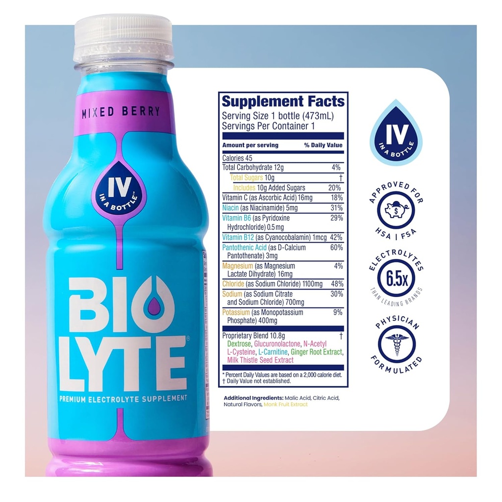 BIOLYTE Electrolyte Drink - Doctor-Formulated Hydration Drink, Electrolytes Water, Chemotherapy Must Haves for Women & Men, Rehydration IV Liquid in a Bottle- Mixed Berry, 16 Fl Oz (12 Pack) 6