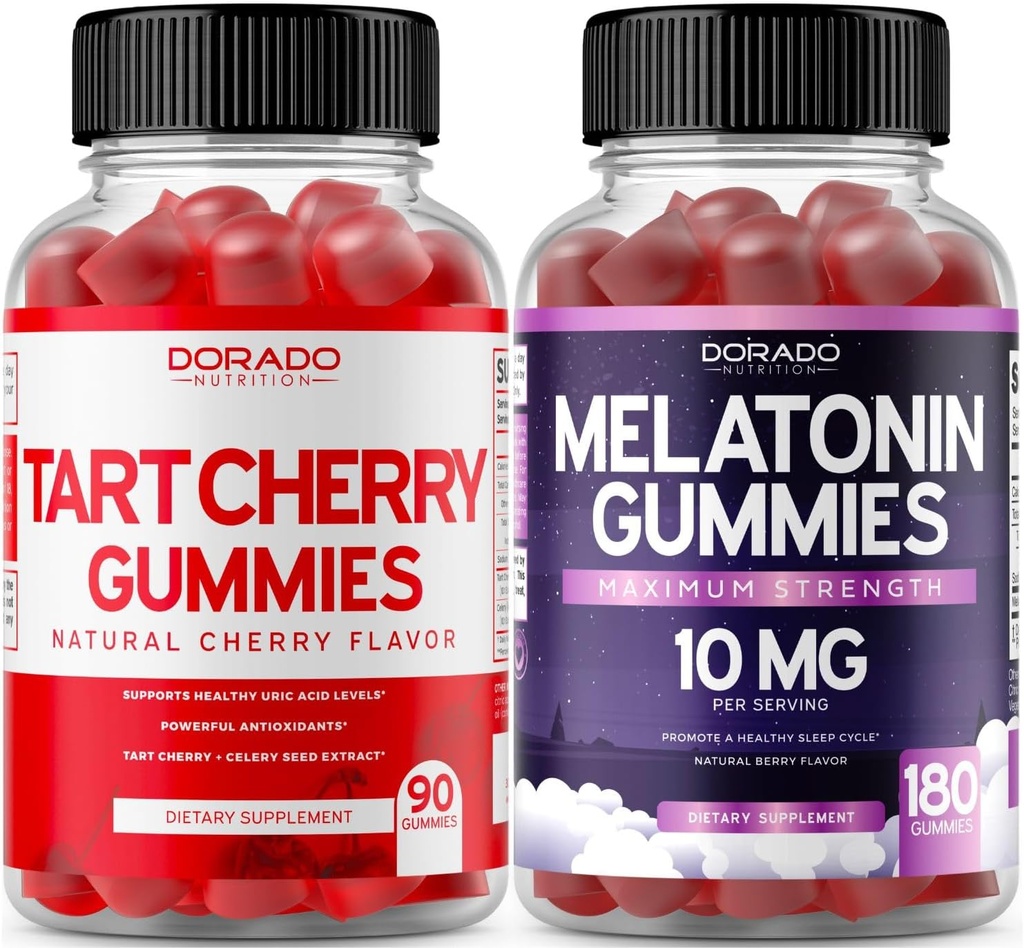 Tart Cherry Gummies Uric Acid Level Support (90 Count) - Advanced 2400mg Equivalent Extract with Celery Seed Melatonin for Adults (180 Count) - Quick Dissolve Melatonin 20mg - NonGMO, Vegan & USA Made 2