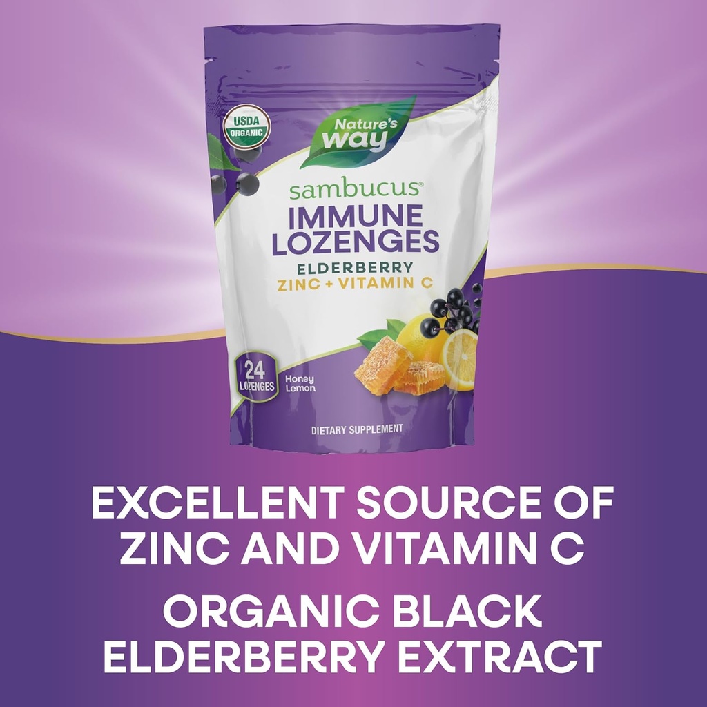Nature's Way Sambucus Immune Lozenges, Zinc, Vitamin C, Elderberry, Immune Support*, USDA Organic, Honey Lemon Flavor, 24 Lozenges (Packaging May Vary) 6