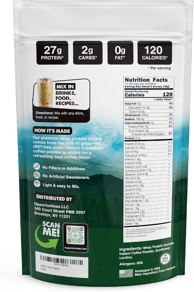 Opportuniteas Coffee Whey Protein Powder - Low Carb & Keto Friendly - Grass Fed Whey Isolate + Colombian Coffee - 60 mg Caffeine for Energy - Pre or Post Workout Drink Mix, Latte, Shake & Smoothie 1lb 3