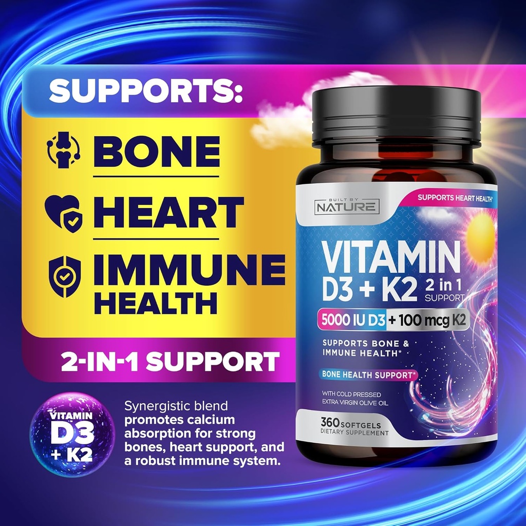Built by Nature Vitamin D3 K2 with Cold Pressed Extra Virgin Olive Oil – 5000 IU Vitamin D, 100mcg Vitamin K MK-7 Supplement – Easy to Swallow Mini Soft Gels - 1 Year Supply - 360 Softgels 5