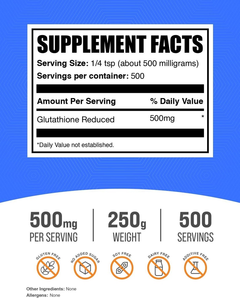BulkSupplements.com Glutathione Reduced Powder - Glutathione Supplement, Reduced Glutathione Powder - Glutathione 500mg, Gluten Free, 500mg per Serving, 250g (8.8 oz) (Pack of 1) 3