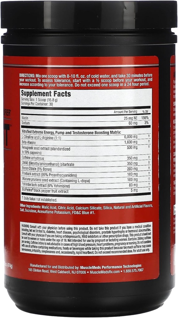 MuscleMeds Nitrotest Pre-Workout Supplement Drink, Boost Nitric Oxide, Testosterone, Blue Raspberry, 30 Serving, 1.04 Pound, 1 Count 3