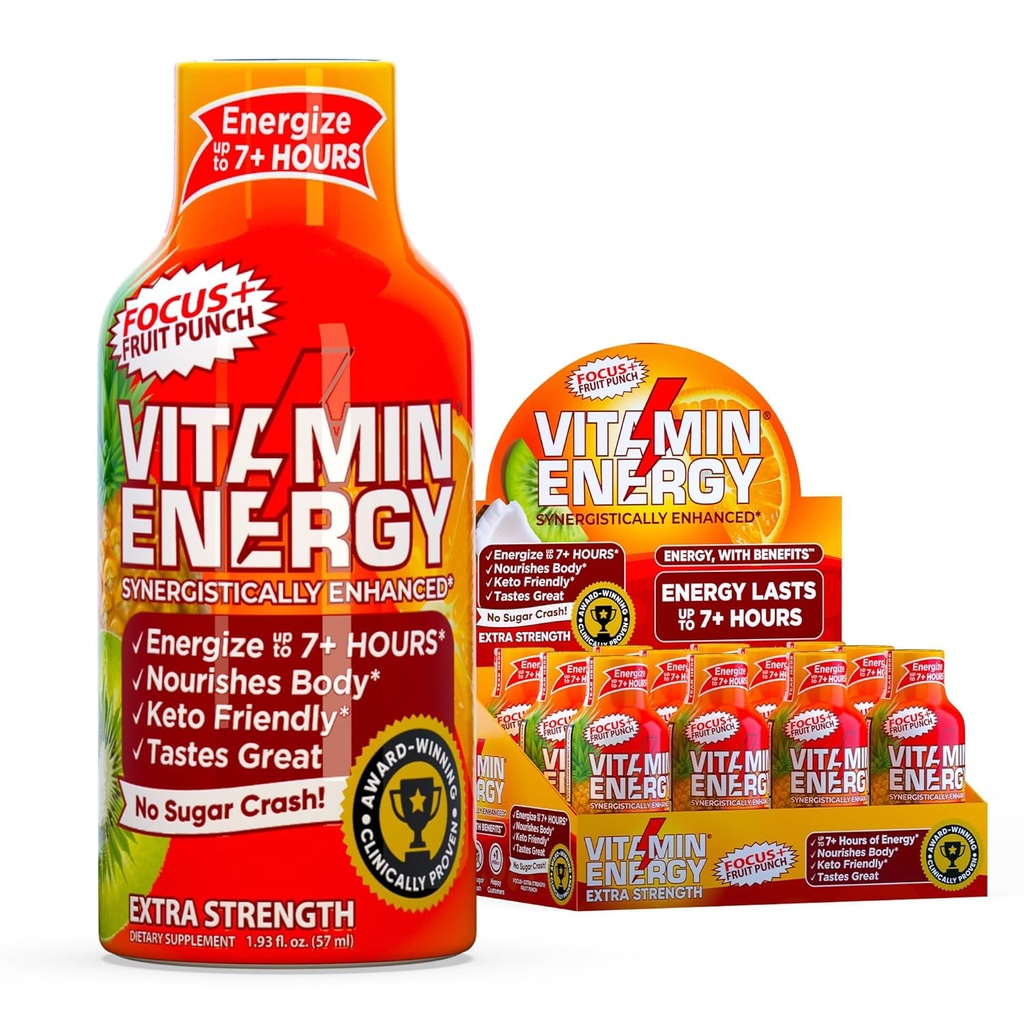Vitamin Energy Focus+ Extra Strength Energy Shot Fruit Punch 12 Pack, 260mg Natural Caffeine, B-Vitamins, CoQ10, Amino Acids, Focus, Productivity & Clarity, Zero Sugar, Gluten-Free, 1.93 fl oz 2