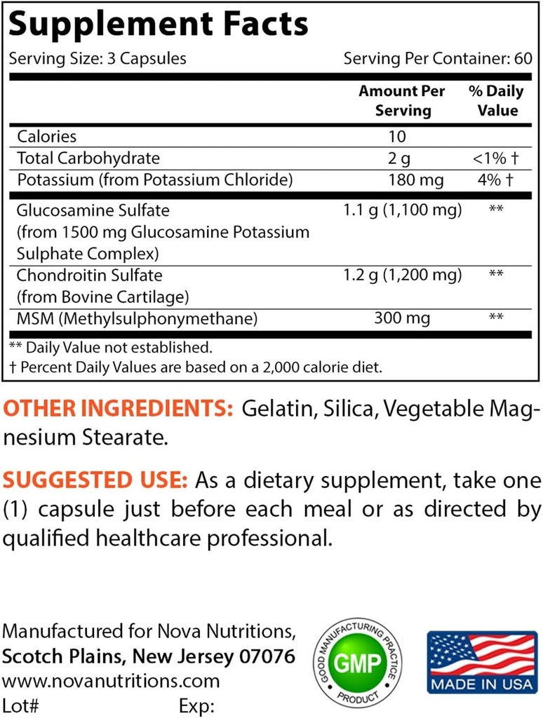 Nova Nutritions Triple Strength Glucosamine Chondroitin MSM 2600mg/Serving Capsules, Supports Healthy Joint, Cartilage and Connective Tissue - Promotes Joint Comfort & Flexibility 180 Count 3