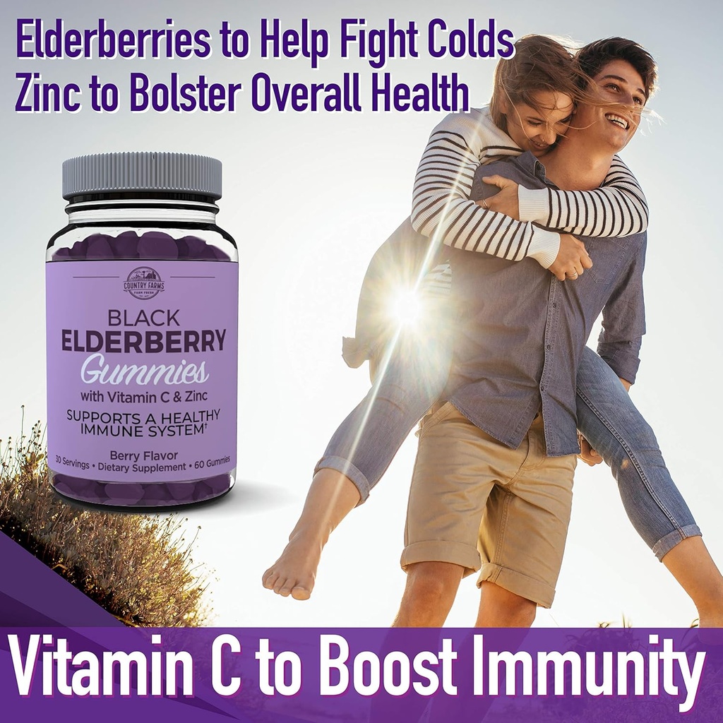 Country Farms Elderberry Gummies with Vitamin C and Zinc, Supports Healthy Immune System, Rich in Antioxidants, Triple Action Immune Blend, Berry Flavor, 60 Gummies, 30 Servings 5