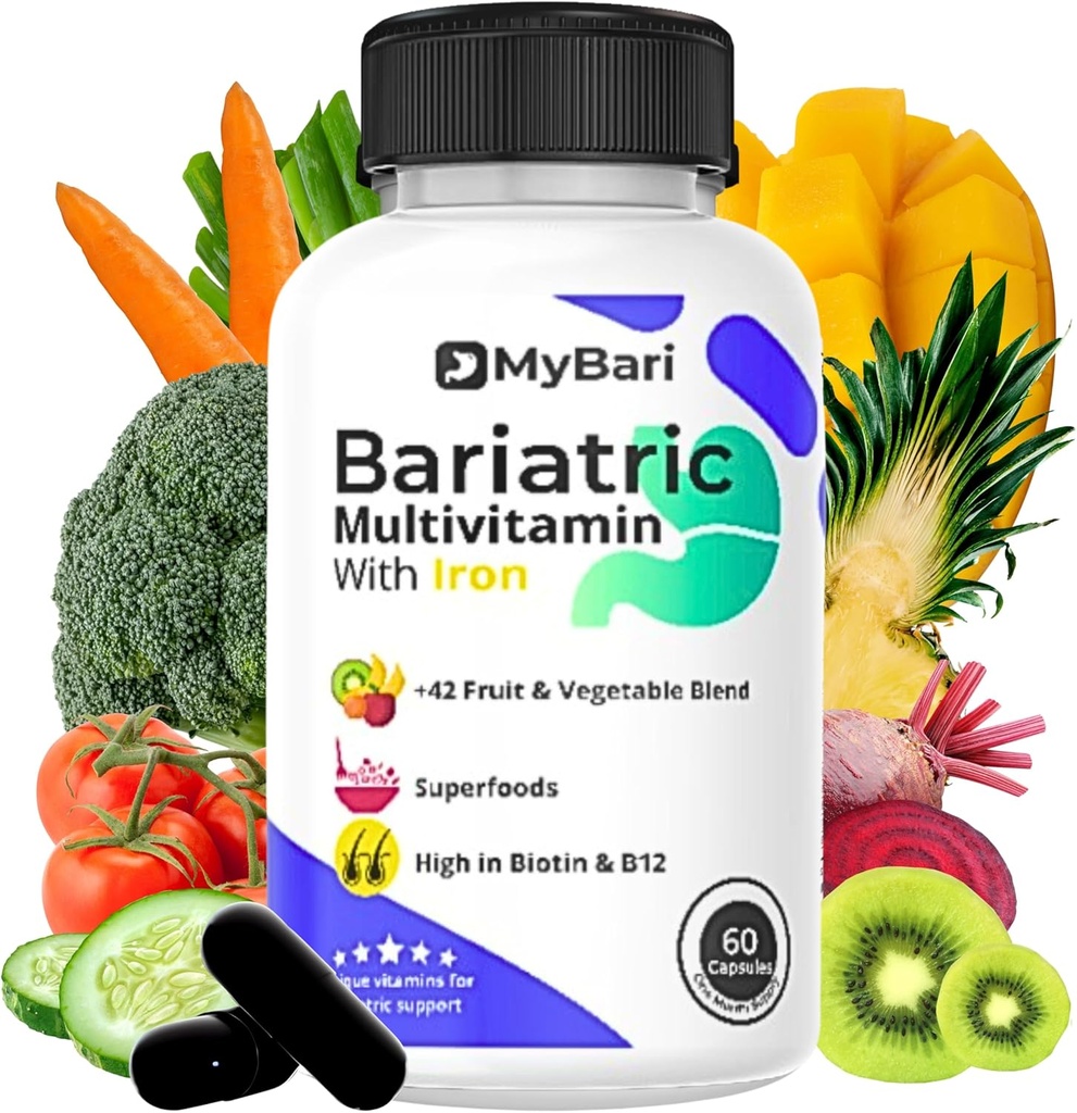 All-in-One Bariatric Multivitamin with Iron - Made in USA - for Men & Women - Supports Gastric Sleeve & Bypass with 42+ Fruit & Veggie Blend - 60 Liquid Capsules 2