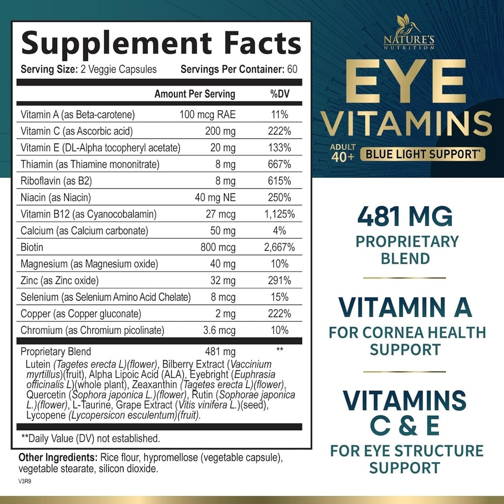 Eye Vitamins Supplement - Advanced Eye Care Vitamin with Lutein, Zinc, Vitamins C, E, Zeaxanthin & Minerals - Vision Multivitamin for Macular Health & Dry Eyes, Vegan, Bottled in USA - 120 Capsules 3