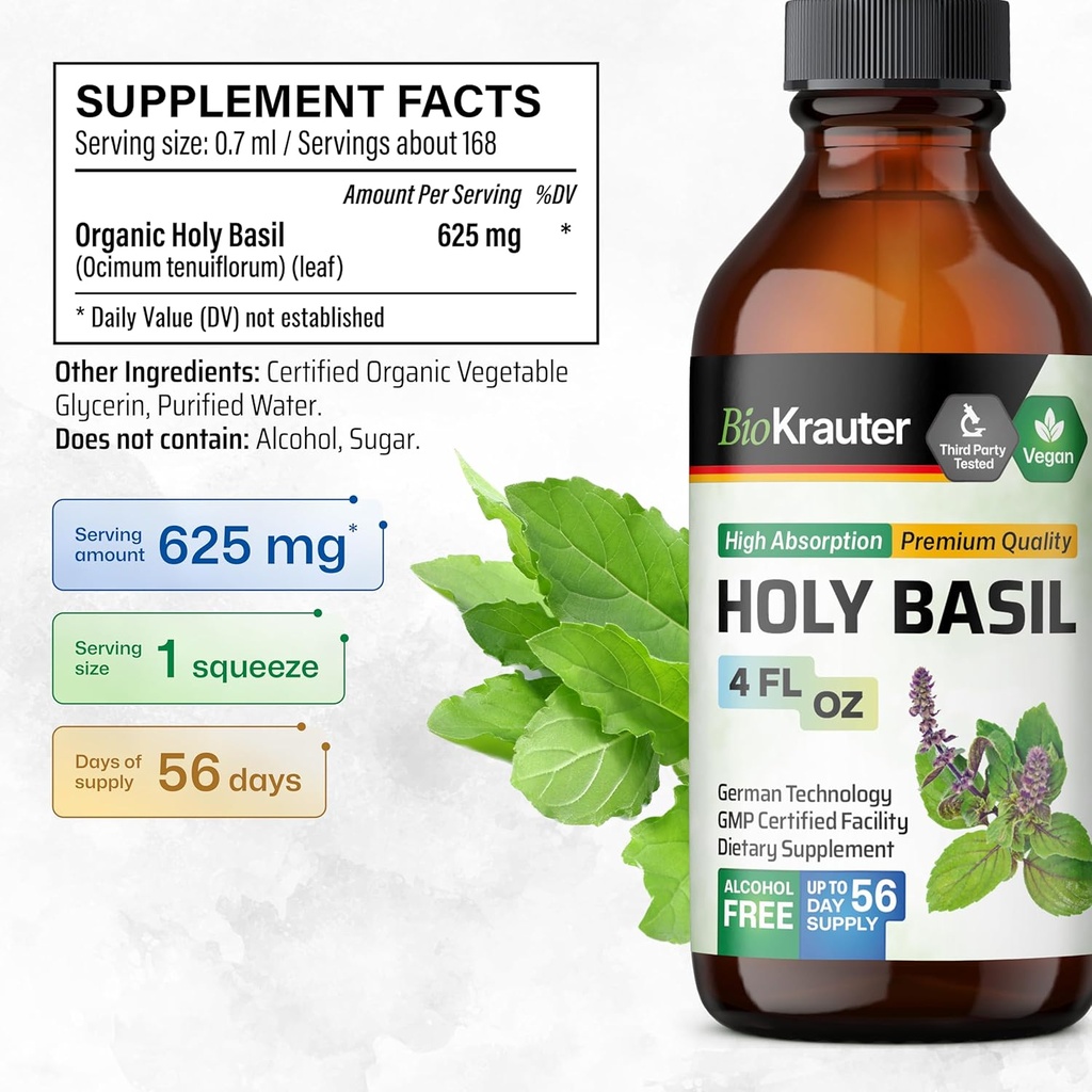 BIO KRAUTER Holy Basil Tincture - Tulsi Powder Liquid Extract - Supports Calmness and Relaxation - Ursolic Acid Supplement - Alcohol and Sugar Free - Vegan Drops 2 Fl.Oz. 4