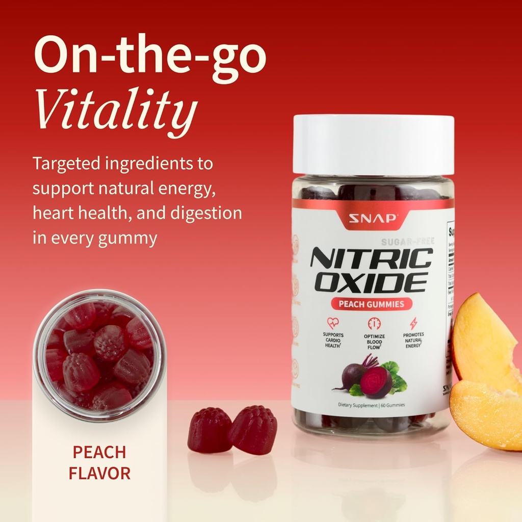 Snap Supplements Beet Root Gummies, Nitric Oxide Supplement with Organic Beets, Vitamins, Pomegranate and Antioxidants for Energy, Circulation Support, 60 Sugar Free Gummies, Peach 3