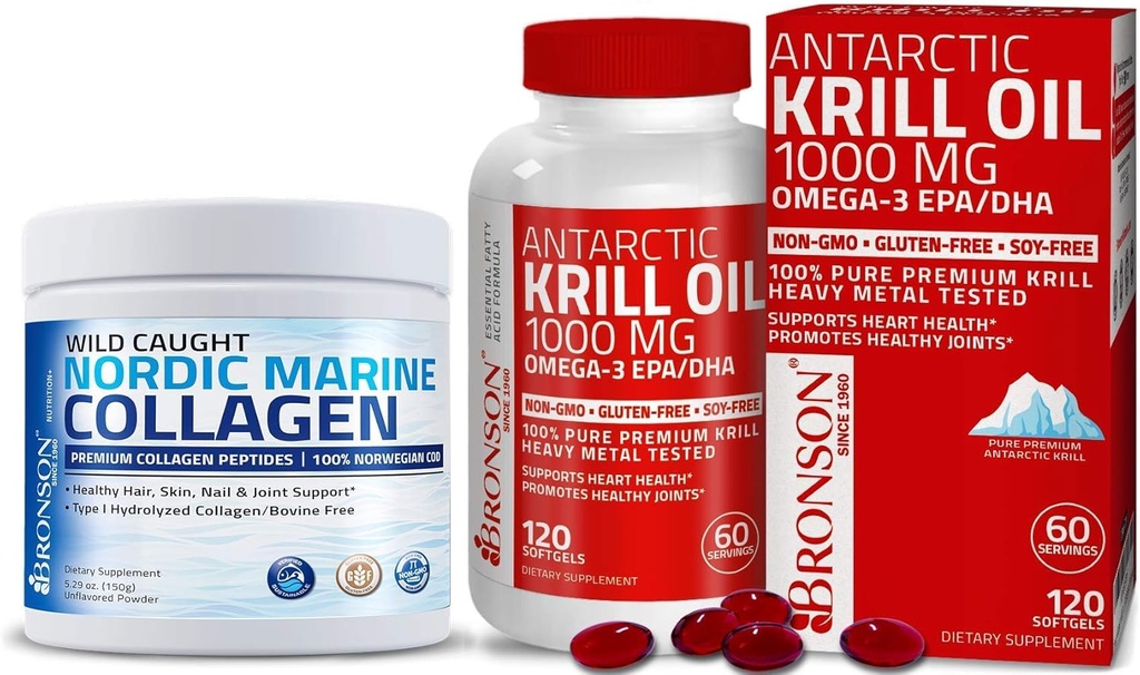 Bronson Marine Collagen Peptides Hydrolyzed Protein Powder + Antarctic Krill Oil 1000 mg with Omega-3s EPA DHA 2