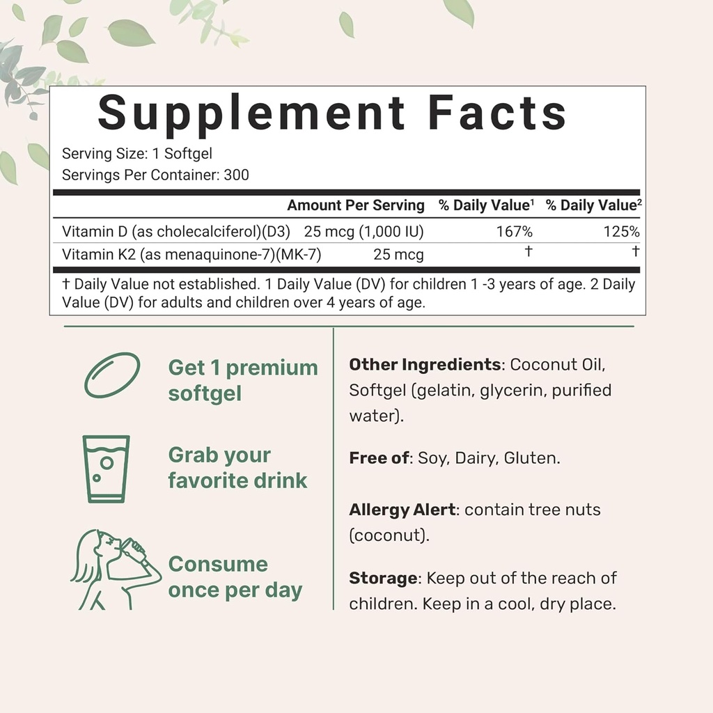 Micro Ingredients Vitamin D3 1,000 IU + K2 MK-7 25 mcg, 300 Softgels | Virgin Coconut Oil | 2-in-1 Bone, Immune & Heart Support | Easy to Swallow, Non-GMO 3