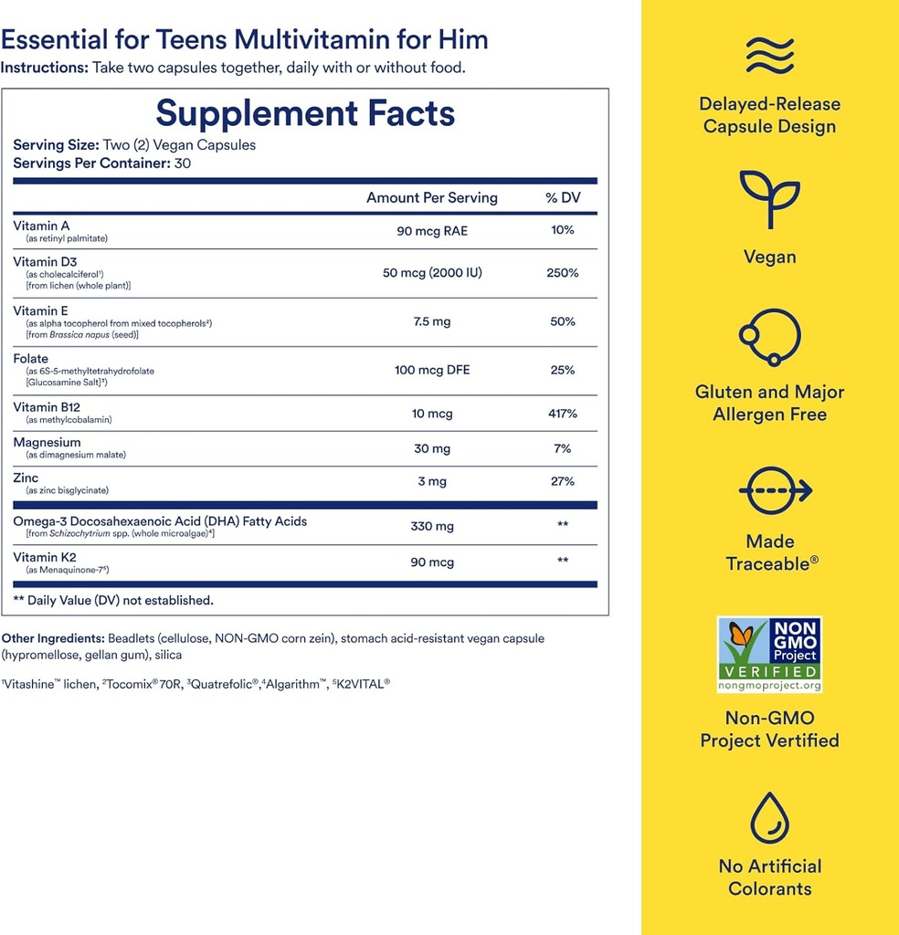 Ritual Teen Vitamins for Boys - Zinc, Vitamin A and D3 for Immune Function Support*, Omega-3 DHA & B12 for Brain Health, Non-GMO, Mint Essenced, 30 Day Supply, 60 Vegan Capsules 4