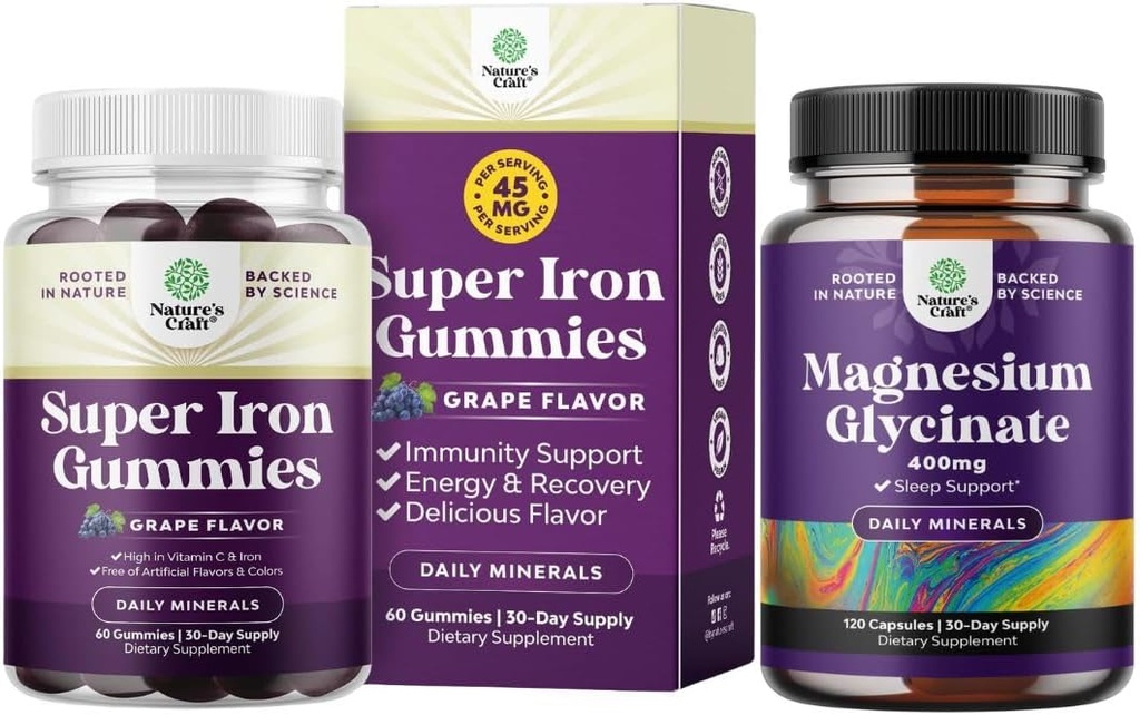 Bundle of Delicious Iron Gummies for Women and Men - Iron Supplement for Women and Men with Vitamin C for Higher Absorption and Pure Magnesium Glycinate 400mg Per Serving for Mood Sleep and Relaxation 2