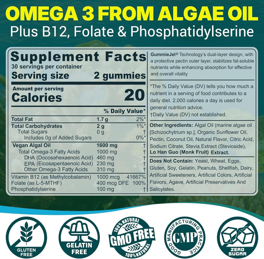 2 Pack Algae Omega 3 Gummies 1000mg, Plant Based DHA 460mg & EPA 230mg, Omega 3 Fish Oil Alternative for Adults, Plus MethylFolate, Vitamin B12, Phosphatidylserine, No Fishy Taste, Vegan, Sugar Free 3