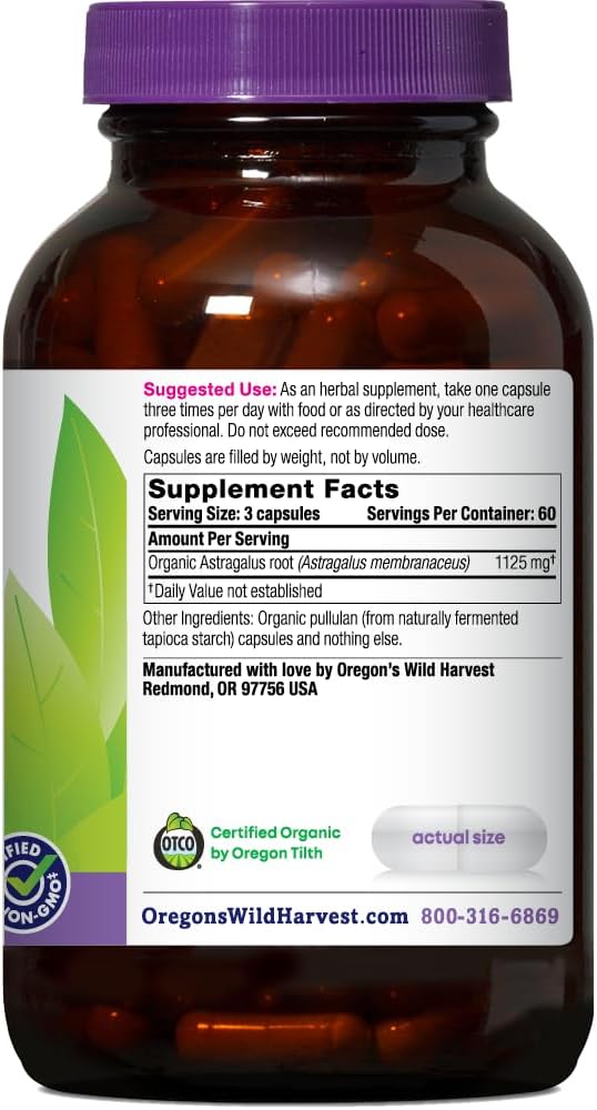 Oregon's Wild Harvest Non-GMO Certified Organic Astragalus Capsules Long Term Immune Support Herbal Supplements-180 Count 3