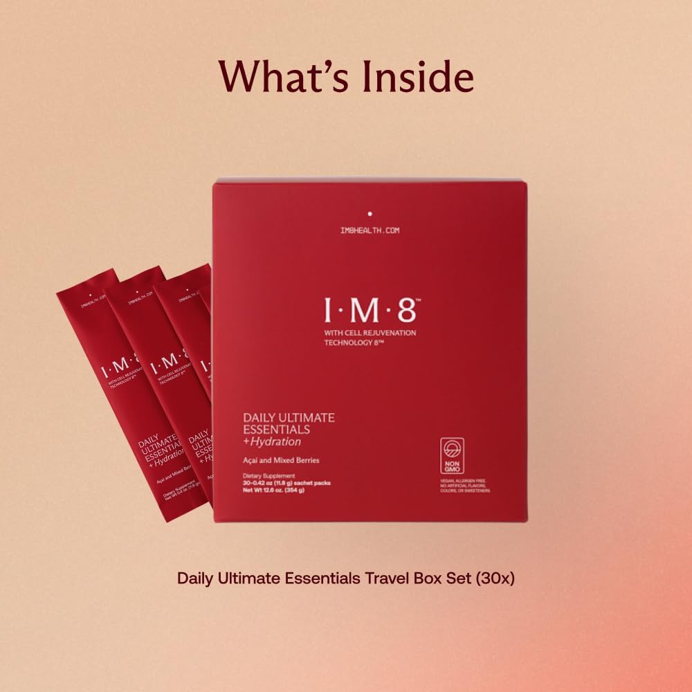 IM8 Daily Ultimate Essentials All-in-One Multivitamin Supplement, 92 Nutrient Rich Ingredients CoQ10, Probiotics, Vitamins, Greens, Gluten Free, Vegan, Acai Mixed Berry (30 Servings, Travel Packs) 4