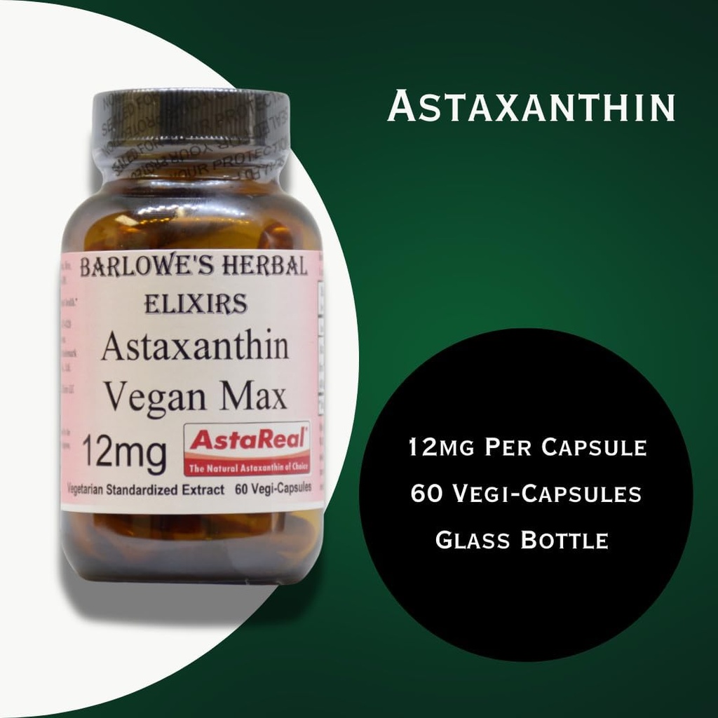 Barlowe's Herbal Elixirs Astaxanthin Supplements | AstaReal Astaxanthin Vegan Max 12mg | 60 Veggie Capsules | Astaxantina 4