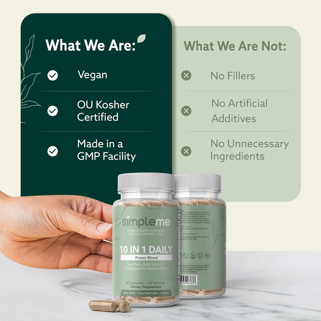 Burdock Root Organic and Bladderwrack 10 in 1 Immunity Booster Power Blend with Irish Sea Moss, Ashwagandha and Black Seed Supplement for Men and Women, Seamoss Pills Herbal, Vegan - 60 Capsules 6