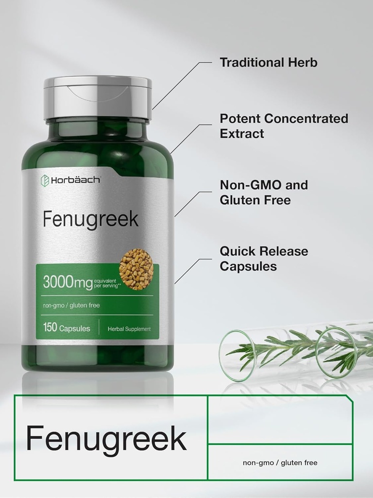 Horbäach Fenugreek Capsules 3000 mg | 150 Count | Non-GMO & Gluten Free Extract | Fenugreek Seeds 4
