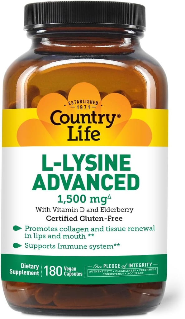 Country Life L-Lysine 1500mg Capsules with Vitamin D & Elderberry – Advanced Immune Support and Collagen Renewal – Certified Gluten-Free & Vegan – 180 Capsules 2