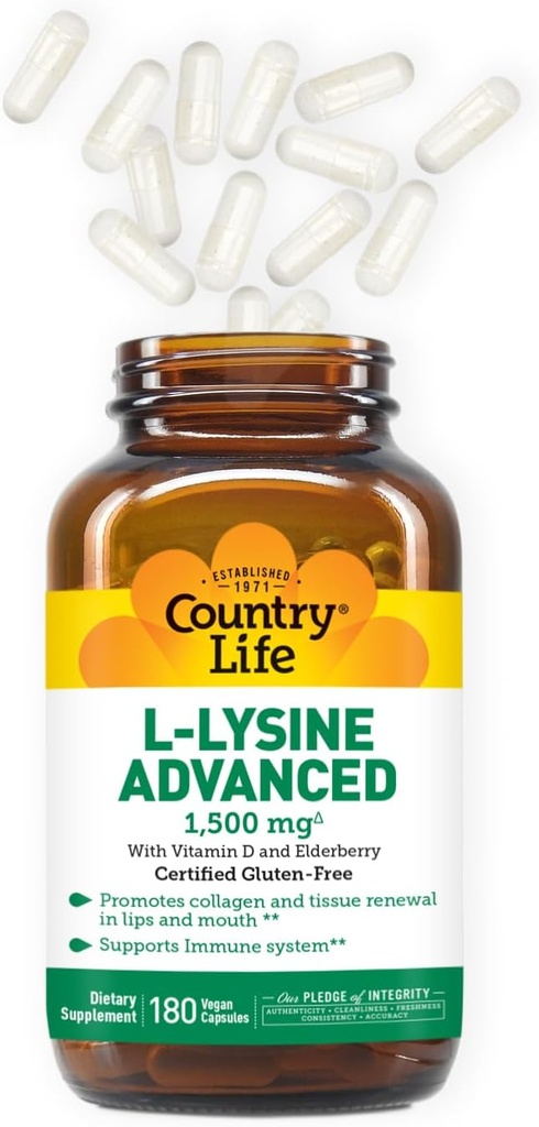 Country Life L-Lysine 1500mg Capsules with Vitamin D & Elderberry – Advanced Immune Support and Collagen Renewal – Certified Gluten-Free & Vegan – 180 Capsules 3