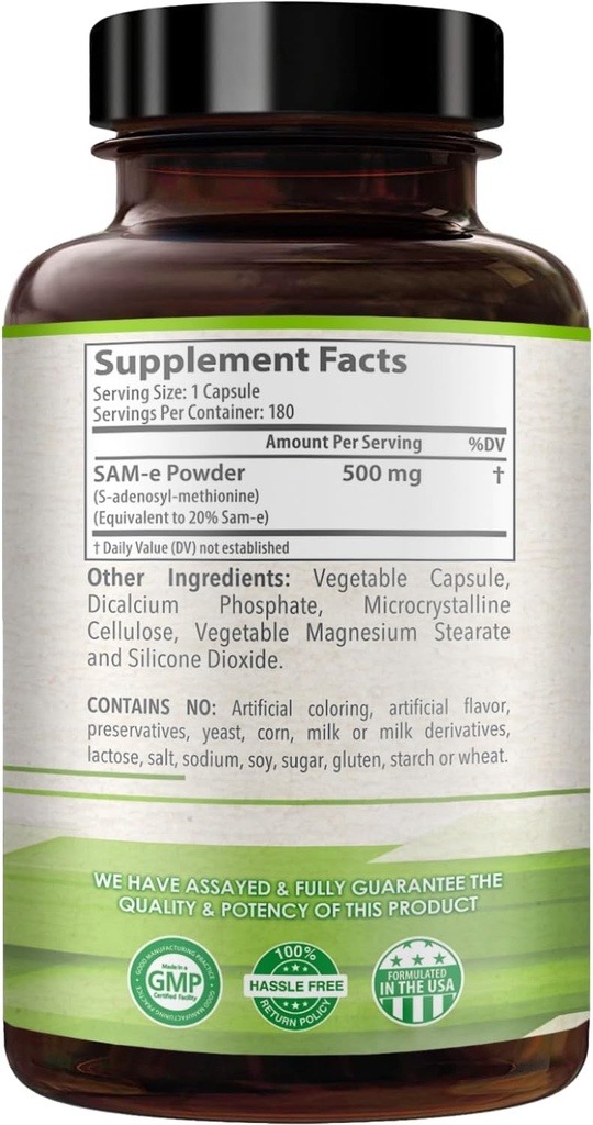 500mg SAM-e Supplement - High Strength 500mg S-Adenosyl-L-Methionine Capsules for Brain Liver and Mood Support - Non-GMO High Absorption Same Supplement (Single) 4