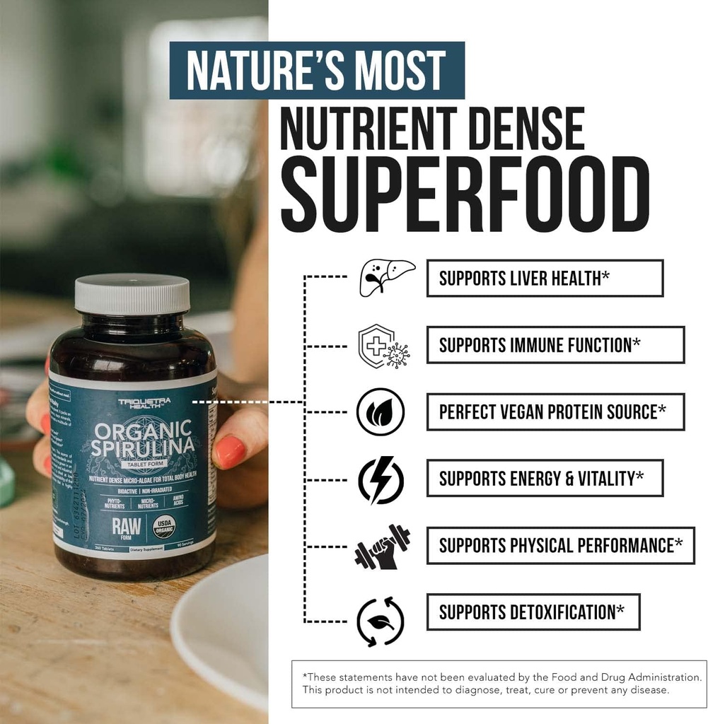 Organic Spirulina Tablets (360 Tablets) - Made with Parry® Spirulina, The Best Spirulina in The World, Highest Nutrient Density - Non-Irradiated, 3 Organic Certifications (90 Servings) 5