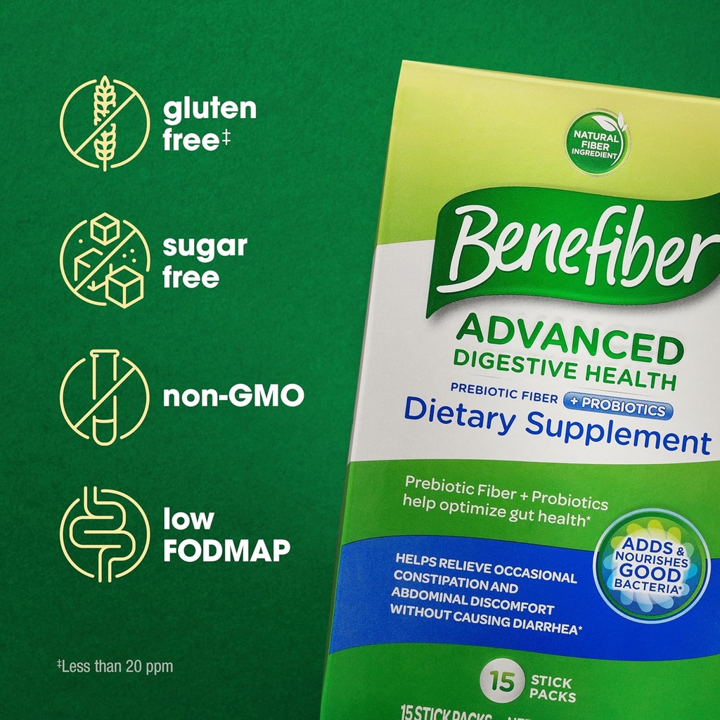 Benefiber Advanced Digestive Health Prebiotic Fiber Supplement Powder with Probiotics for Digestive Health, Low FODMAP – 15 Sticks (3.0 Ounces) 6